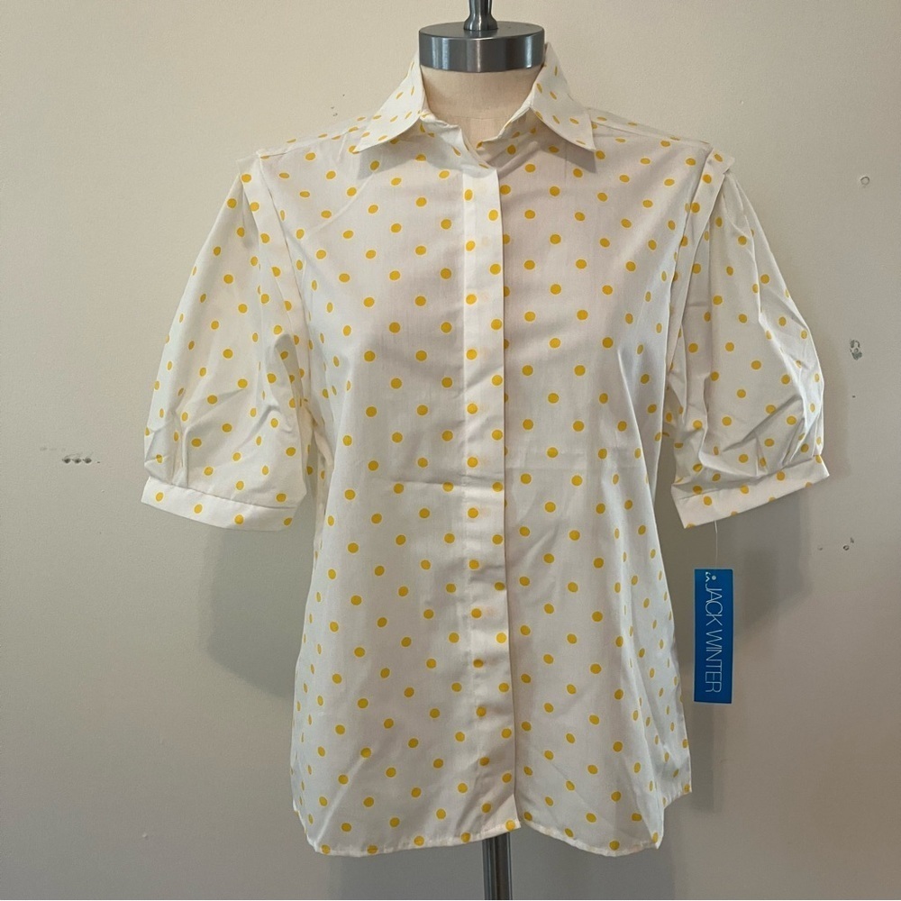 VTG Jack Winter Women’s Puff Sleeve Short Sleeve Blouse Yellow Polka Dot Sz. 10